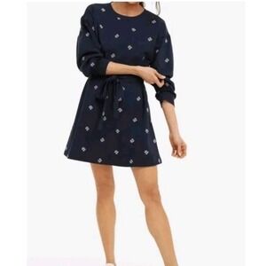 Draper James Navy Floral Embroidered Cotton Sweatshirt Tie Waist Dress XL Preppy